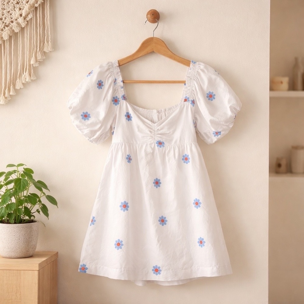Altar'd State Babydoll Daisy Embroidered Mini Dress Puff Sleeve Cottage Coquette
